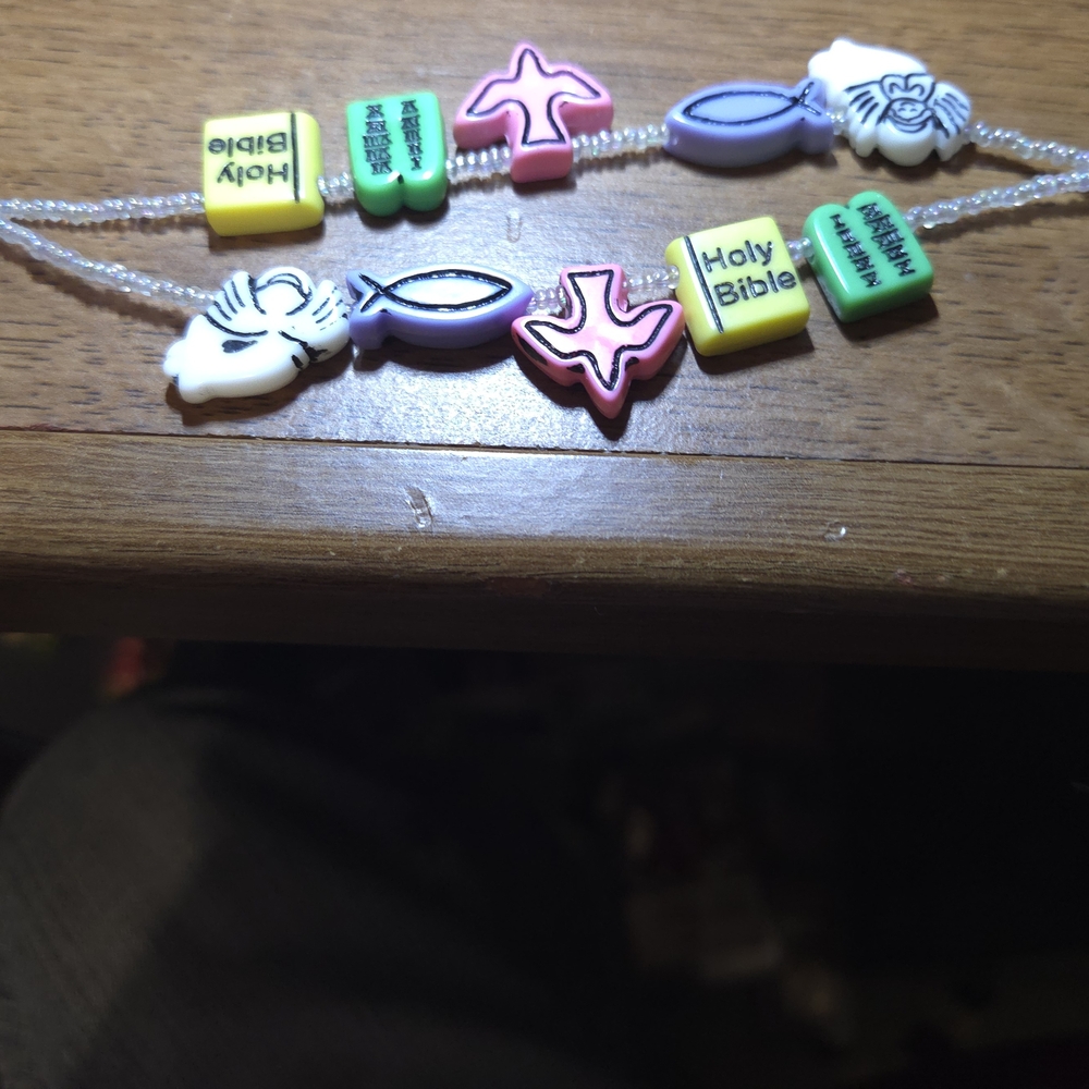 Religious Figet  Beaded Bracelet with Pink, Yellow, and Green Accents